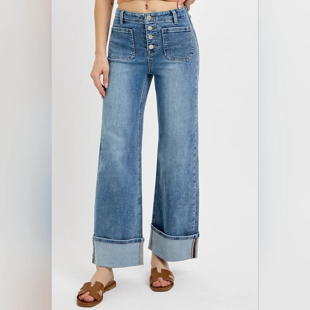 Risen HR Medium Wash Button Fly Patch Pocket Cuffed Wide Leg Jeans Various NEW - Picture 5 of 6